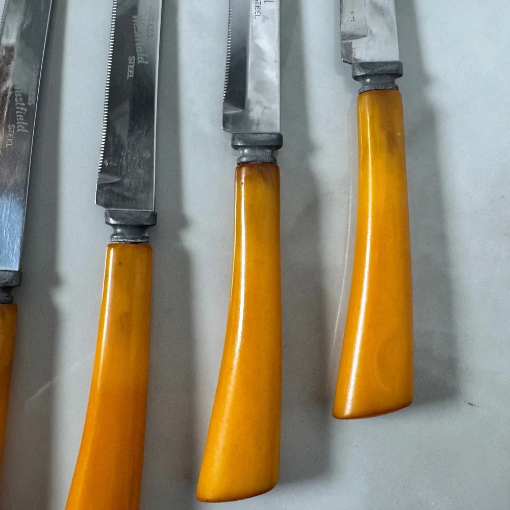 Westfield Stainless Carving Knife Fork 6 Steak Knives Set Butterscotch Bakelite